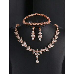 Rose Gold Bridal Jewelry Set 3Pc Rose Gold Rhinestone Necklace Earrings Bracelet